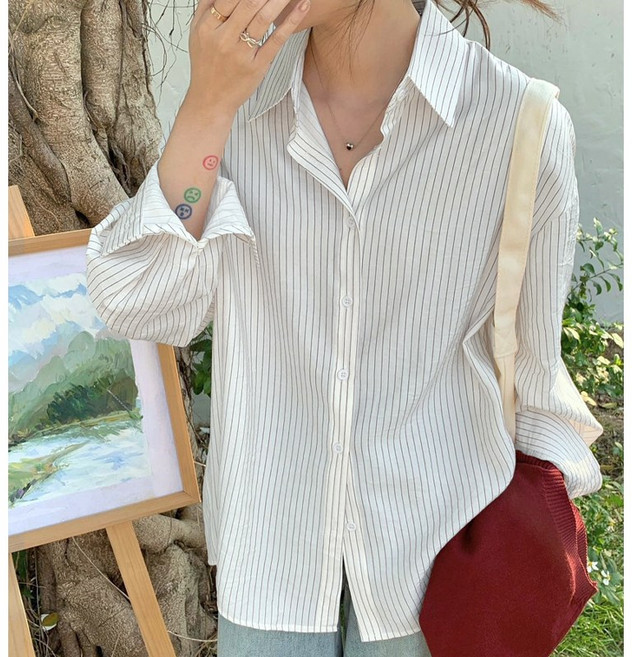 허블리 여성 루즈핏 스트라이프 롤업 린넨 긴팔 셔츠