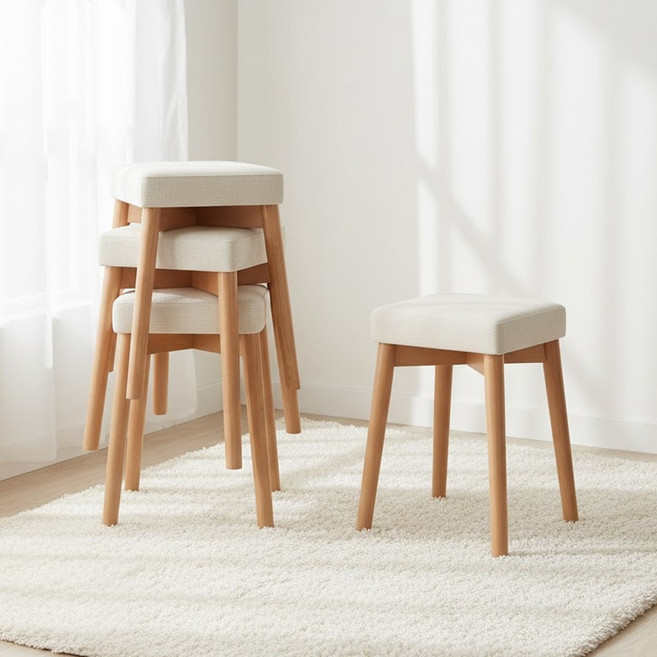하루꿈 원목 사각 스툴 가죽 쿠션 편한 사각 식탁 스툴의자 4P/2P/1P 패브릭 보조의자, 2개