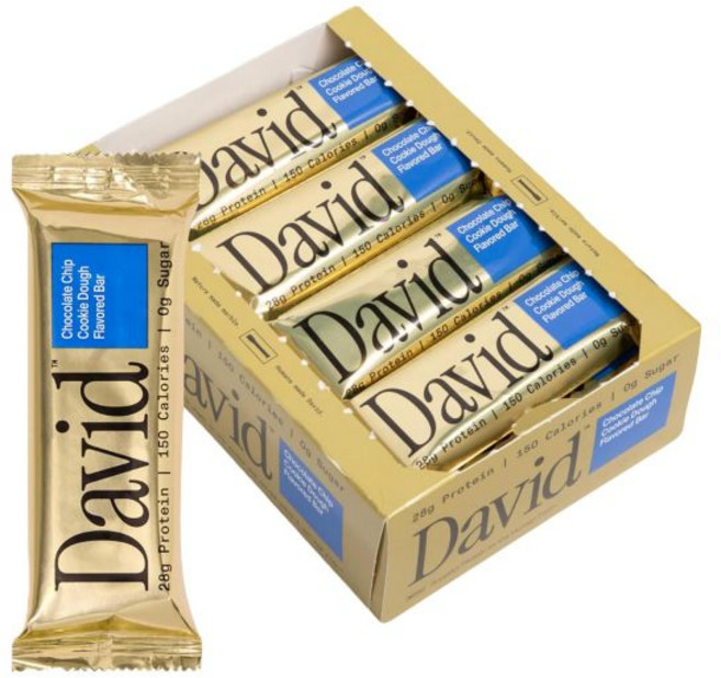 David 에너지바 데이비드 고단백 바 무설탕 단백질 저탄수화물 글루텐 프리 28g 150칼로리 이동 간식 케이크 배터 맛 12개입, 초콜릿 칩 쿠키 도우