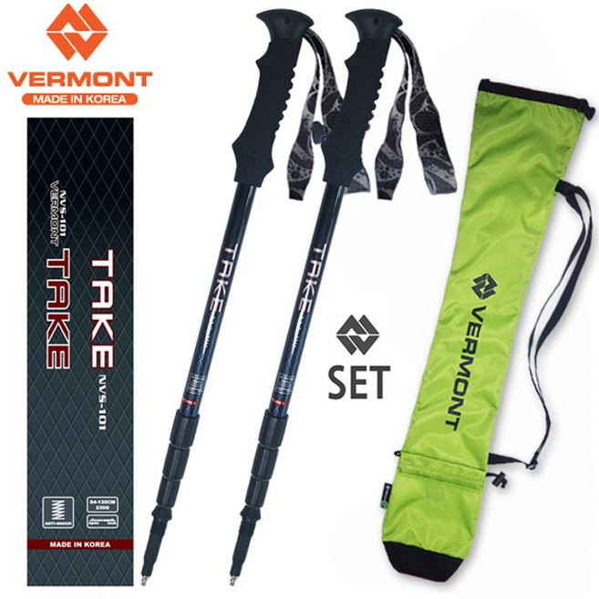 버먼트 국산 경량 테이크 4단 등산스틱 2개1세트+고급 패커블 스틱케이스, 그린, 1개