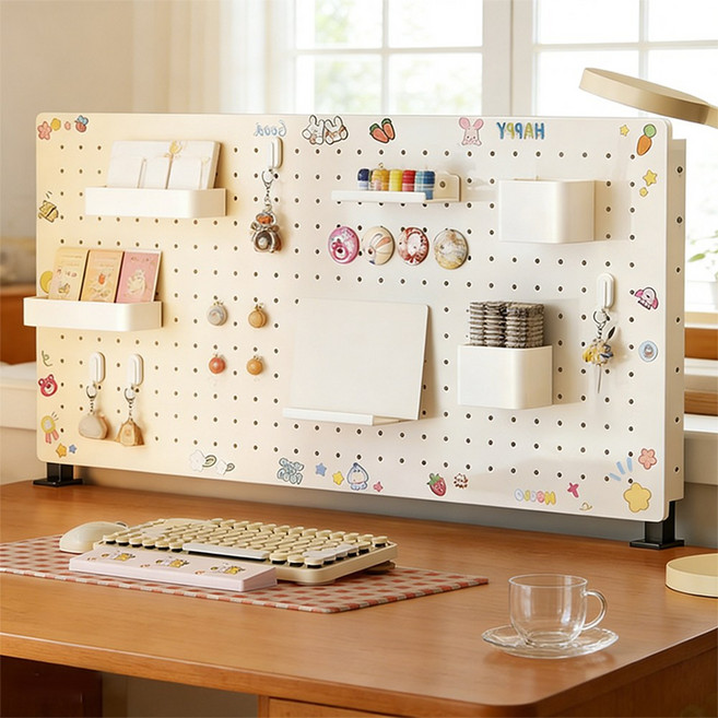 다용도 철제 타공판 수납장 수직형 책상 오거나이저 인테리어 높이 조절 선반 10종 세트, 1단, 화이트 클립 방식