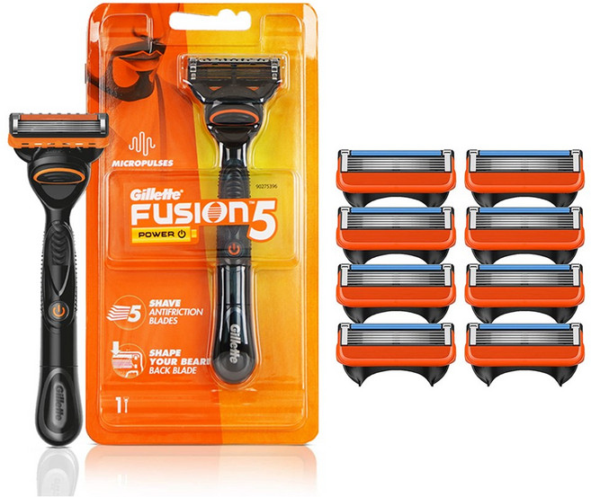 질레트 퓨전 면도기 파워 핸들 면도기 + 면도날 정품 세트, 질레트 퓨전파워 면도기 핸들+정품 면도날 9입, 1개