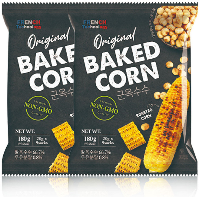 구운 옥수수 과자 찰옥수수 베이키드 콘 프로틴 10g함유 우유시즈닝 껍질제거 낱개포장 9개입, 2개, 180g