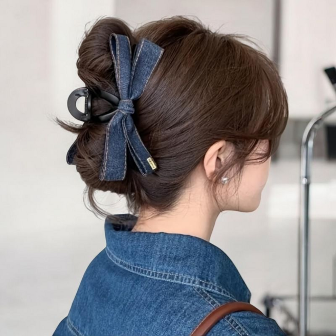 레트로 데님 리본 올림머리 헤어 집게핀