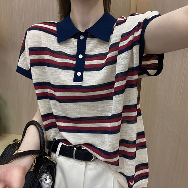 ROYALBELLE 여성 오버핏 스트라이프 카라넥 반팔 티셔츠 데일리 베이직 티 M0050607