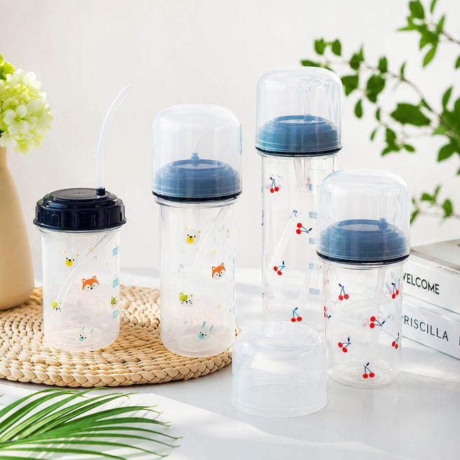 [인증완료] 1+1 국산 빨대 있는 물통 bpa free 환자용 유아 병원용 어린이 요양원 병원 눈금표시, 체리, 1세트, 650ml