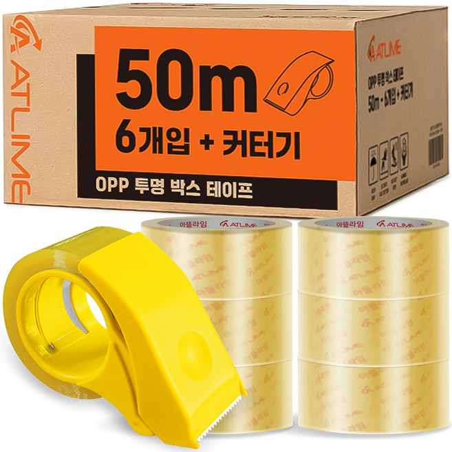 아뜰라임 튼튼한 다용도 포장용 투명 박스 테이프 48mm, 50m + 커터기, 6개