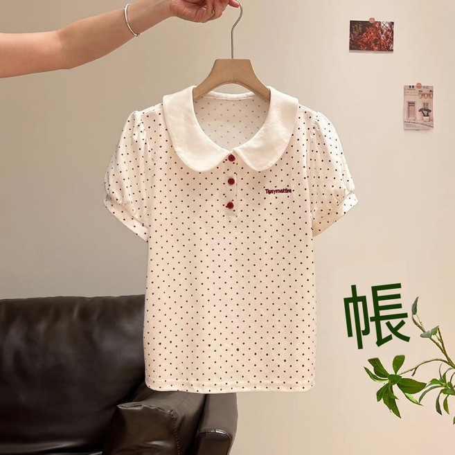 Tipsymattine. 波點娃娃領短袖T恤女 甜美泡泡袖上衣