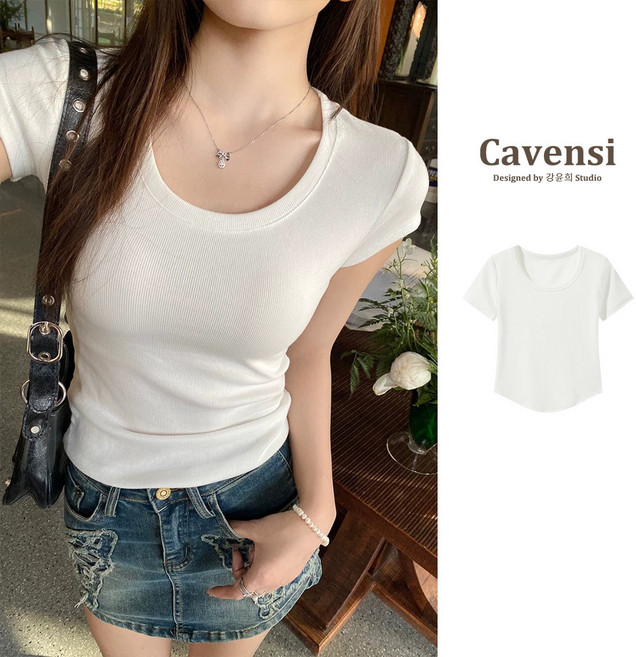 【Cavensi】短版彈性圓領基本短袖TEE 冰絲涼感 短T恤 女裝