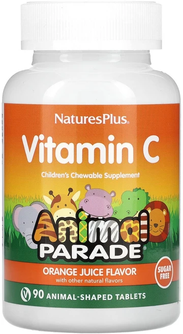 NaturesPlus Animal Parade 어린이용 츄어블 비타민C 보충제 오렌지 주스 맛 설탕 무함유 동물 모양 90정, 1개 - 쿠팡