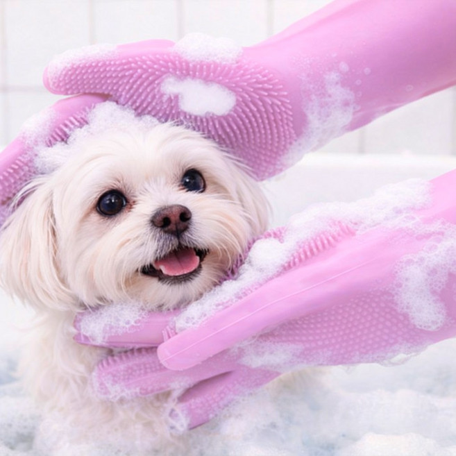 반려동물 목욕 장갑 강아지 고양이 브러쉬 실리콘 마사지 장갑 죽은털 제거, 핑크