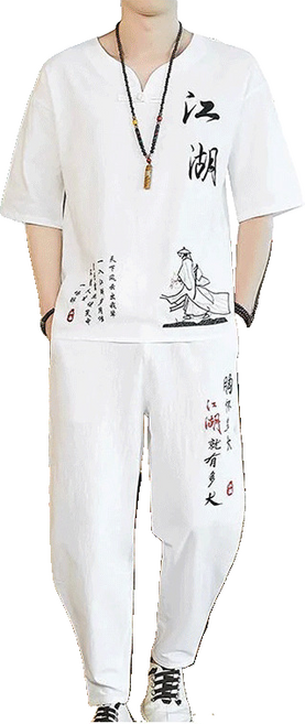 남자 린넨 바지 상하의세트 면 마 생활 소재 삼베 퓨전 여름 강호 자수 투피스 뉴타임즈 03CW0903