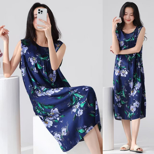 중년 여성 잠옷 원피스 인견 잠옷 빅사이즈 루즈핏 얇은 민소매 홈웨어 원피스 여름 여자 실내복 원피스 CJJ