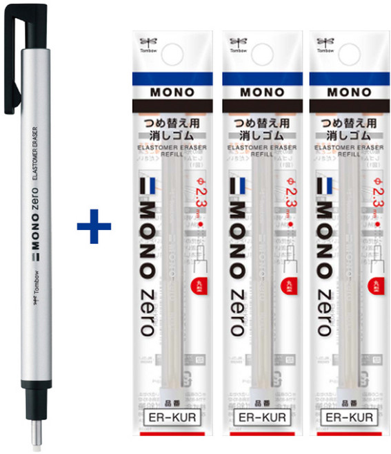 TOMBOW 톰보 모노 제로 샤프식 지우개 홀더1개+리필3개, 1세트, 라운드)실버1개+리필3개