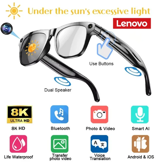 레노버 스마트 AI 안경 HD 8K 변색 다기능 블루투스 통화 음성 비서 음악 플레이어 번역 카메라, 01 Black