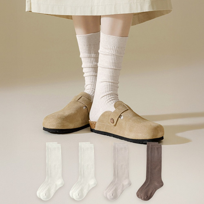 쿠밍 여성용 쫀쫀한 패션 주름 골지 장목 양말 오트밀라떼 4켤레 세트