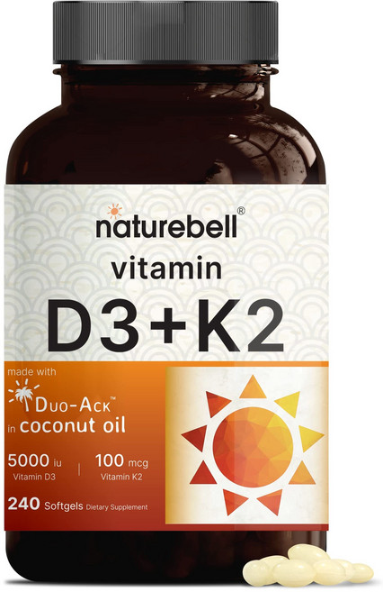 MAPEinc 비타민 D3 K2 보충제 순수 코코넛 오일 주입 소프트젤 2 in 1 포뮬러 비타민 D3 5000 IU & K2 MK7 100mcg, 1개, 240정