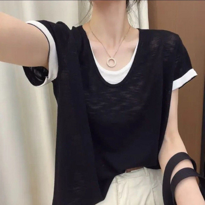 仿棉竹節棉 假兩件V領撞色T恤 女 夏季新款薄款寬鬆設計感上衣
