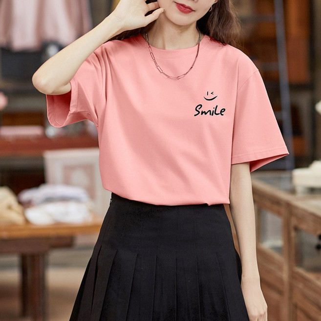 스타일아유 여성 루즈핏 썸머 웃는 얼굴 SMILE 프린트 반팔 티셔츠 200g 스판 M~2XL 빅사이즈 자체제작 TS1933