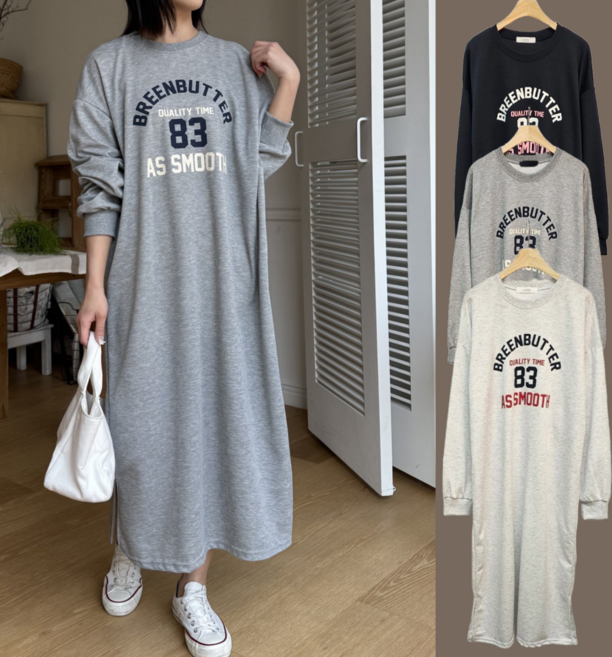 LIONHU [국내제작] 여성 긴팔 롱 맨투맨 원피스 루즈핏 레터링 트레이닝 스타일 홈웨어 꾸안꾸룩