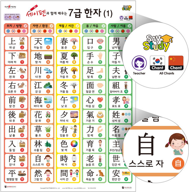 주제별세이포스터 / 세이펜포스터 세이펜차트 한글 한자 구구단 지도 색깔, 13.7급한자(2장)