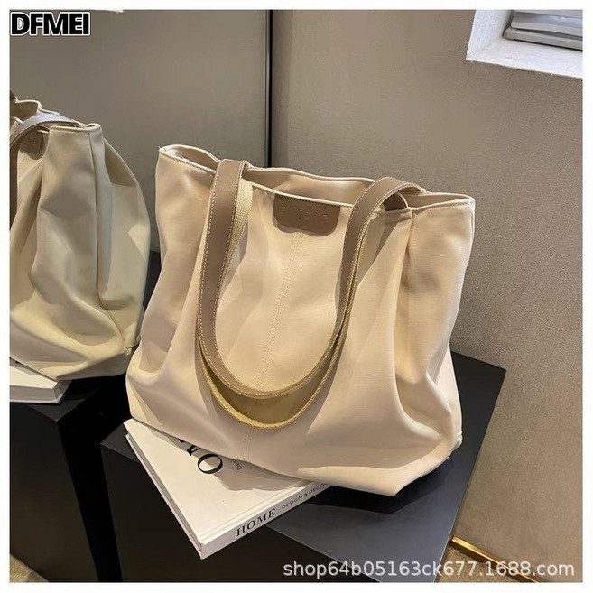 DFMEI 休閒大容量包包女夏季時尚單肩包簡約百搭帆布托特包大學生上課包, 米白色