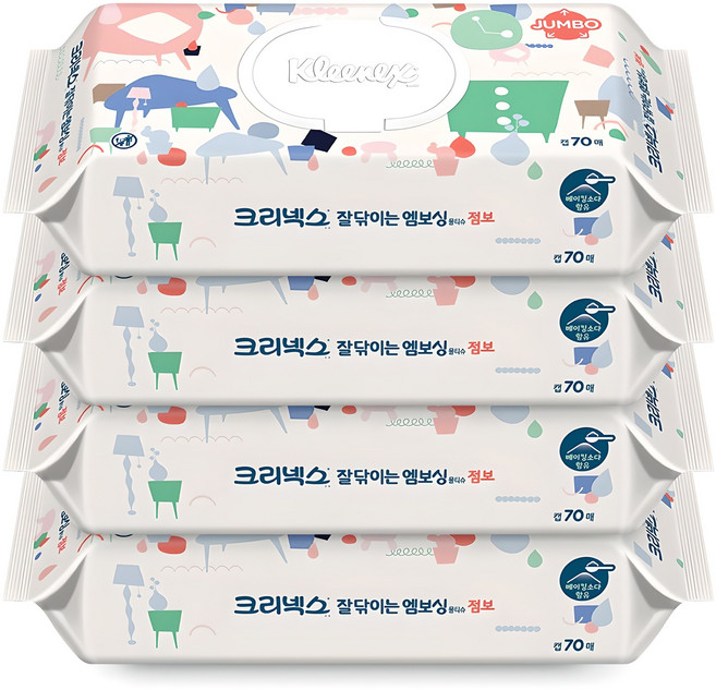 크리넥스 잘닦이는 엠보싱 점보 물티슈 캡형, 274g, 70매, 4개