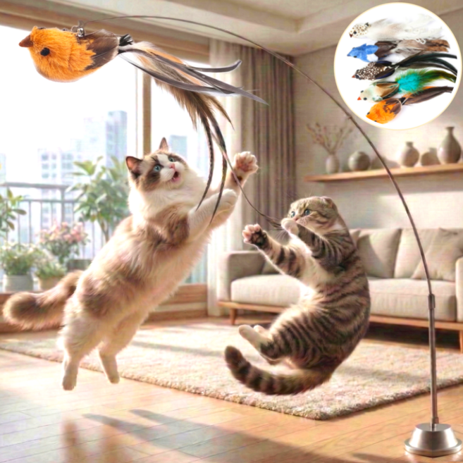 스마일플로우 진짜같은 새 고양이 최애 풀세트 튼튼 고정 낚시대 장난감, 1세트, 노란 새