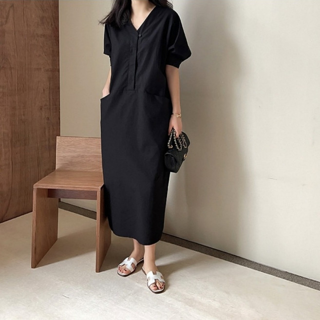LUNATURE 여성 면 무지 셔츠 원피스 넉넉한 포켓포인트