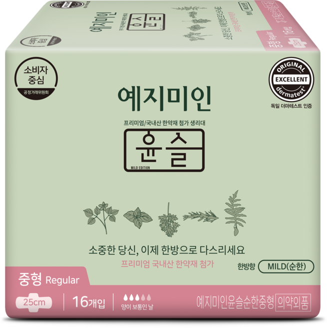예지미인 건강한 순한 순면 날개형 생리대, 중형, 16개입, 8개