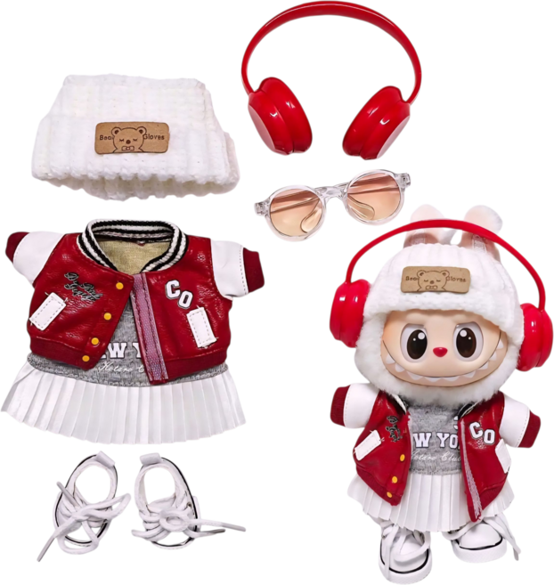 라부부 인형 17cm 15cm 옷 야구쟈켓 원피스 코디 6종 세트, 화이트 모자 6종 세트, 1개