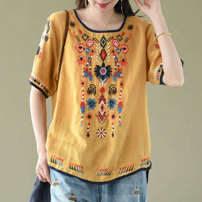 ROYALBELLE 여성 자수 라운드넥 면마 루즈핏 빅사이즈 반팔 티셔츠 V01022520