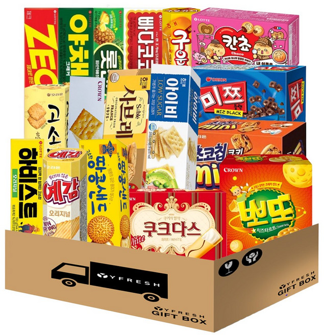 인기비스킷모음(구운감자 칸쵸 고소미 참크래커 미쯔 예감 초코칩쿠키 사브레 아이비 뽀또 하비스트 땅콩샌드 쿠크다스 제크 야채크래커 롯데샌드 빠다코코낫)+YFRESH박스