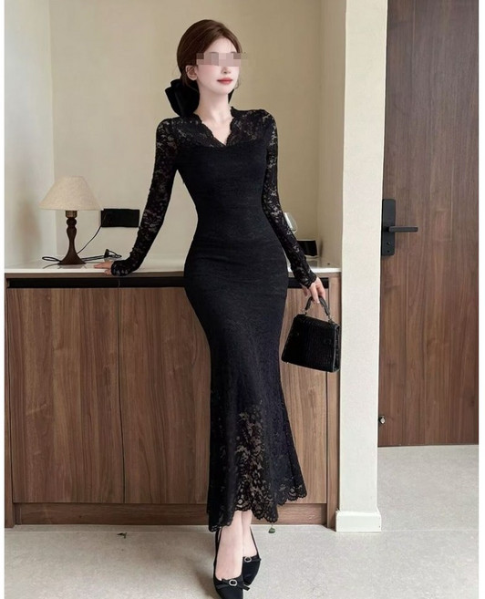 체인지쉬(change she)프렌치 섹시 드레스 V넥 레이스 슬림핏 긴팔 롱원피스