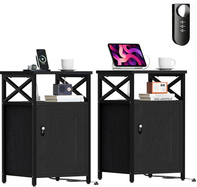 Runjuly Nightstands Set of 2 with Charging Station and Lock Night Stand with Lockable Storage Cab, Runjuly Nightstands Set of 2 w