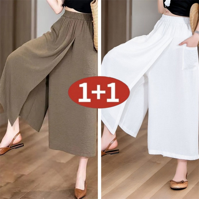 AOKADA 1+1 여성 여름 밴딩 8부 9부 와이드 팬츠 하이웨스트 루즈핏 랩 치마바지