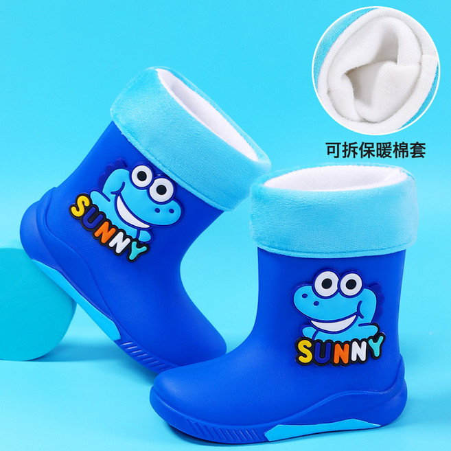 新款兒童雨鞋男童女童恐龍寶寶雨靴小學生加棉保暖膠鞋水鞋小童鞋, 1個, 寶石藍加棉套:200