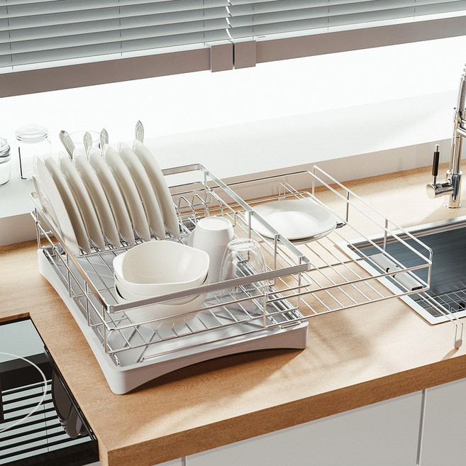 공간활용 확장형 스텐 물빠짐 올인원 식기건조대, 블랙, 1개