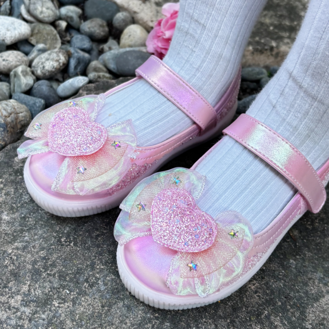 [프롬베베] 여아용 에밀리 하트 리본 LED 구두 슬립온