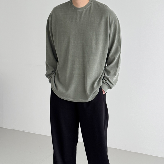 코튼 피그먼트 10수 오버핏 시보리 라운드 긴팔 티셔츠 쭉티