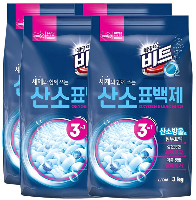 라이온 비트 O2 산소표백제 3kg 리필형 파우치 4개 salimmoa*0903879001EA, 1