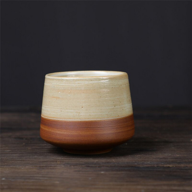 日式粗陶窯變茶杯 單杯陶瓷品茗杯 功夫茶具 手工復古陶瓷杯, 1個, 線條白棕,200mL以下