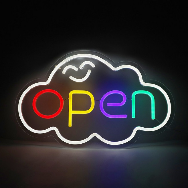 LED 네온사인 open 구름장 웃는얼굴 42x26 cm 밝기를 조절할 수 있습니다, BF-5V008