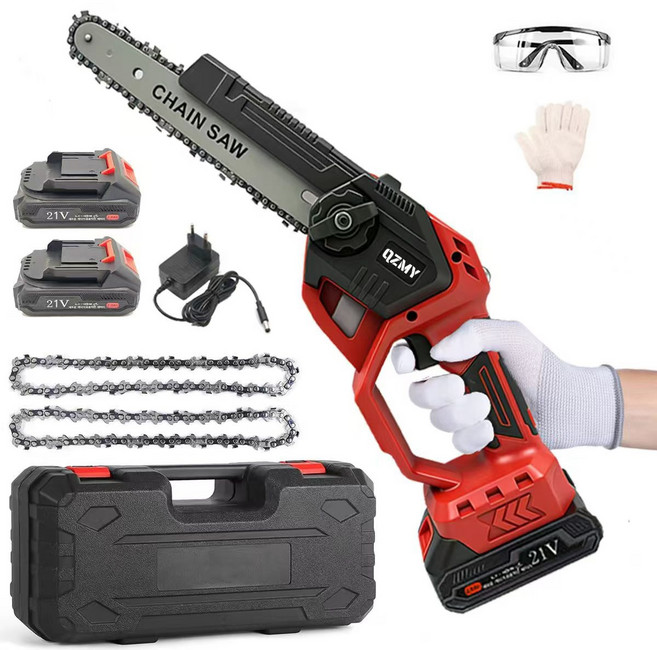 QZMY 독일 기술 충전식 강철전기톱 무선 충전톱 소형 전동톱 체인톱 20.32cm 나무톱 세트 브러쉬리스 모터 톡톡365, (배터리2개+2체인+수납함), 1세트