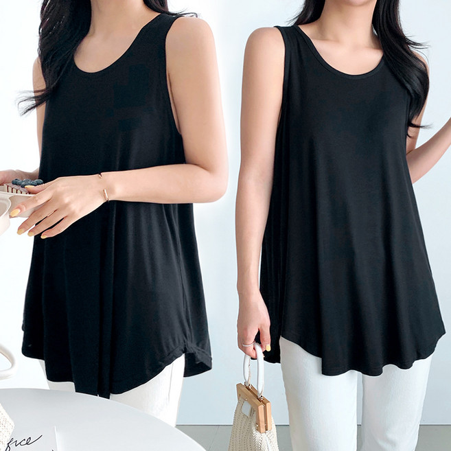 1+1 여성 빅사이즈 루즈핏 언발 민소매 롱나시 티셔츠 GRM1007