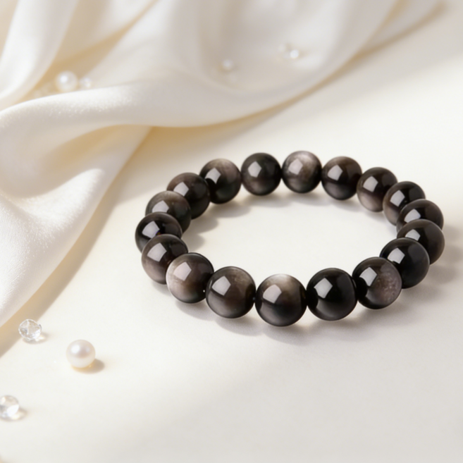 PolarAbyss 은요석 팔찌 고급 천연 흑요석 보호 에너지 행운 액세서리 남녀공용