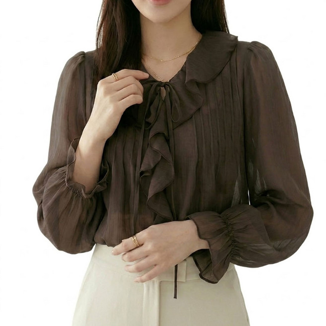 메리앤유 시스루 리본 타이 핀탁 러플 주름 블라우스