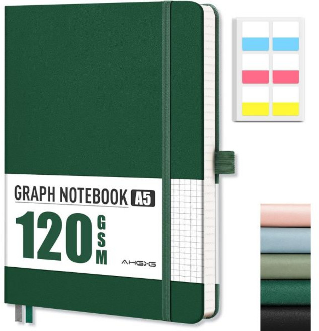AHGXG 점선 다이어리 - 도트 그리드 노트북 120 GSM 두꺼운 산성 없는 종이 대형 B5 96페이지 가죽 소프트커버 내부 포켓 스텐실 7.6인치 x 10인치 그린, A5-그래프-120 GSM, 초록