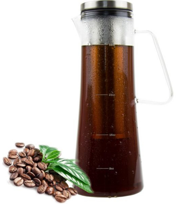 콜드 브루 커피 메이커 티 피처 인퓨저 1.0L 34온스 유리 카라페 BPA 프리 냄새 및 얼룩 인체공학적 스파우트 탈착식 스테인리스 스틸 필터., 콜드브루 커피 메이커 | & 차 주전자, 거름망, 1.