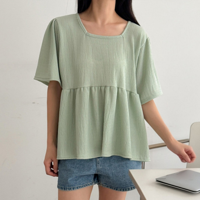 마이쏭 여성 빅사이즈 루즈핏 여름블라우스 반팔 블랜드스퀘어프릴블라우스